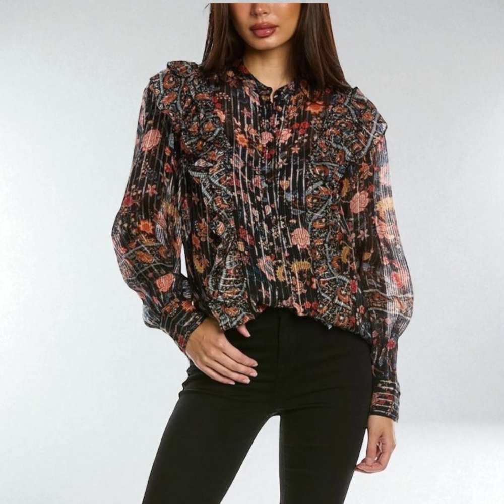 New! Hemant & Nandita Button Front Ruffle Blouse Size Large